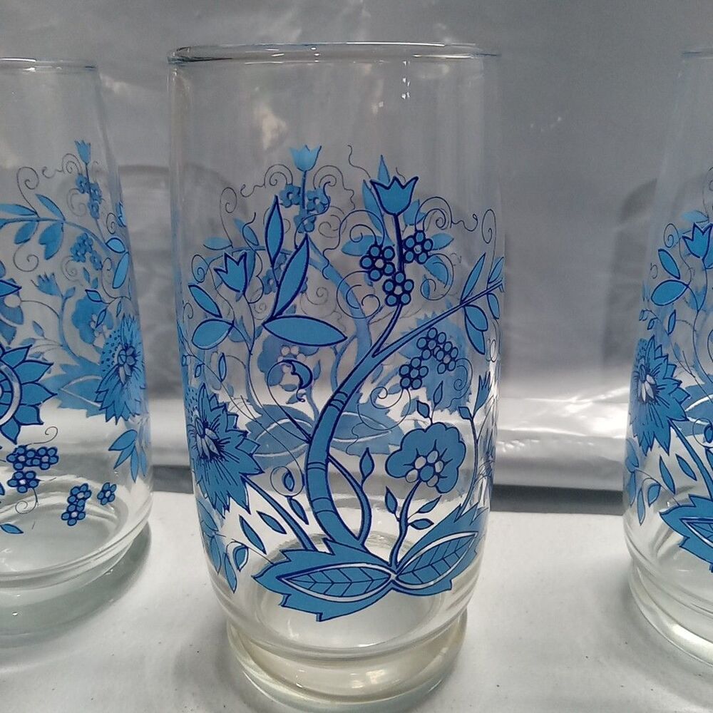 3 MCM Vintage Blue Floral Glasses Tumblers 5 1/4" - Picture 2 of 3